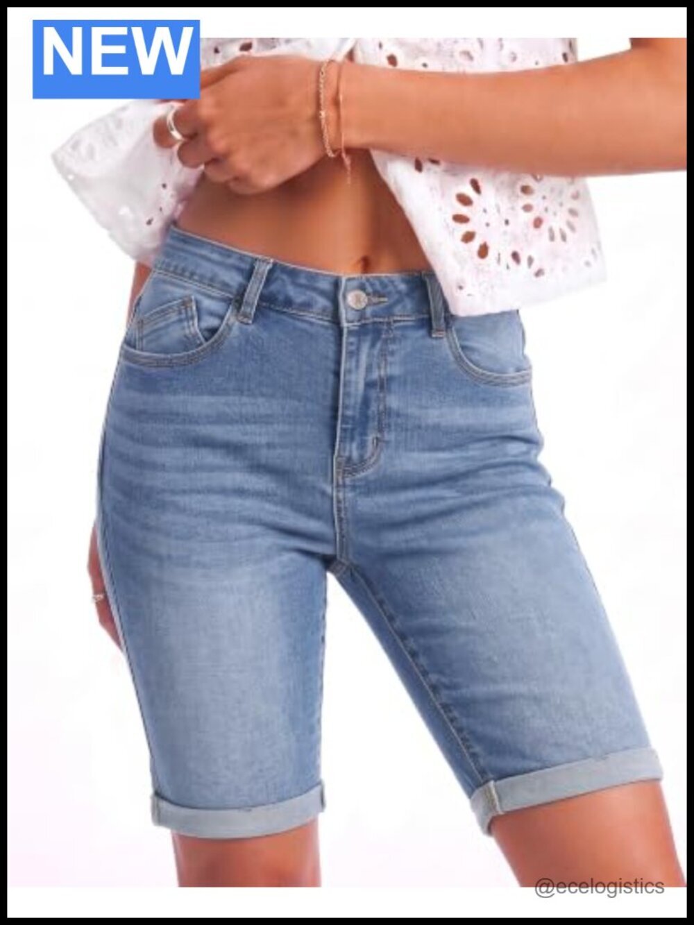 Bermuda Jean Shorts High Waisted Cuffed Hem Stretchy Denim 10" Inseam Jorts